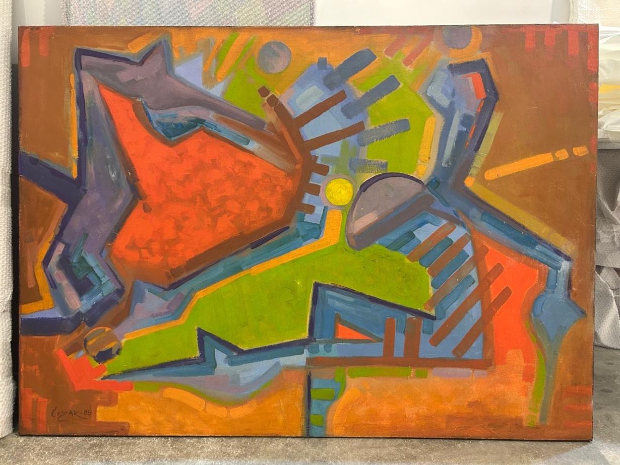 Pintura abstrata de Lizar com capoeiristas em movimento